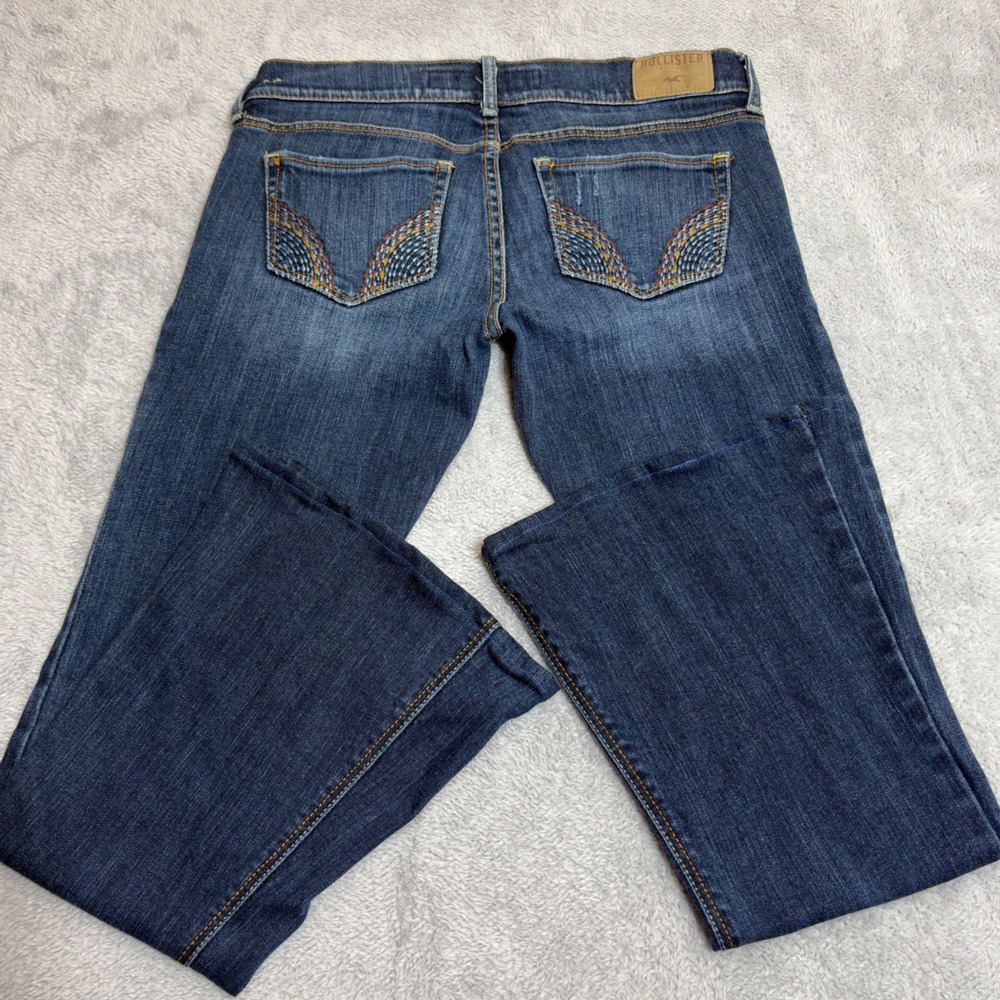 Hollister Flare Jean Women 29/28 Blue Dark Wash Low Rise Embroidered Stretch Y2K